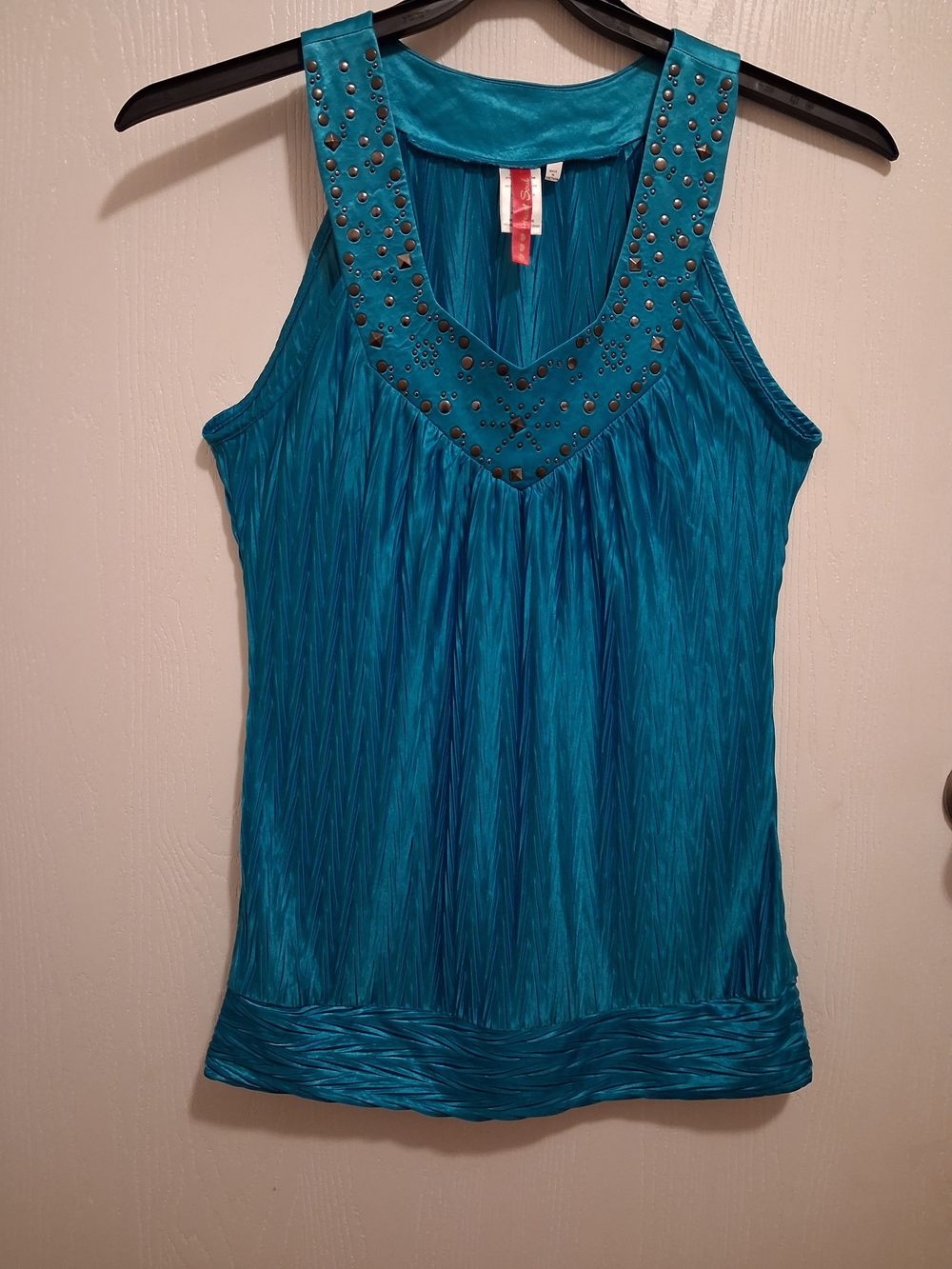 Heart Soul Teal Studded Crinkle Tank Top Medium Y2K Boho Festival Western Indie